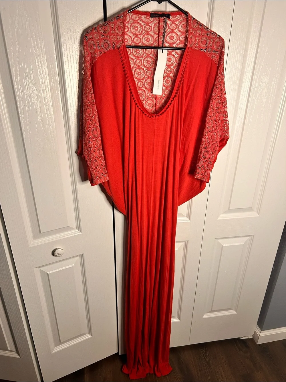 Fraiche by J Women’s S Red Lace Crotchet Sleeve Maxi Dress Elegant V-Neck NWT‎